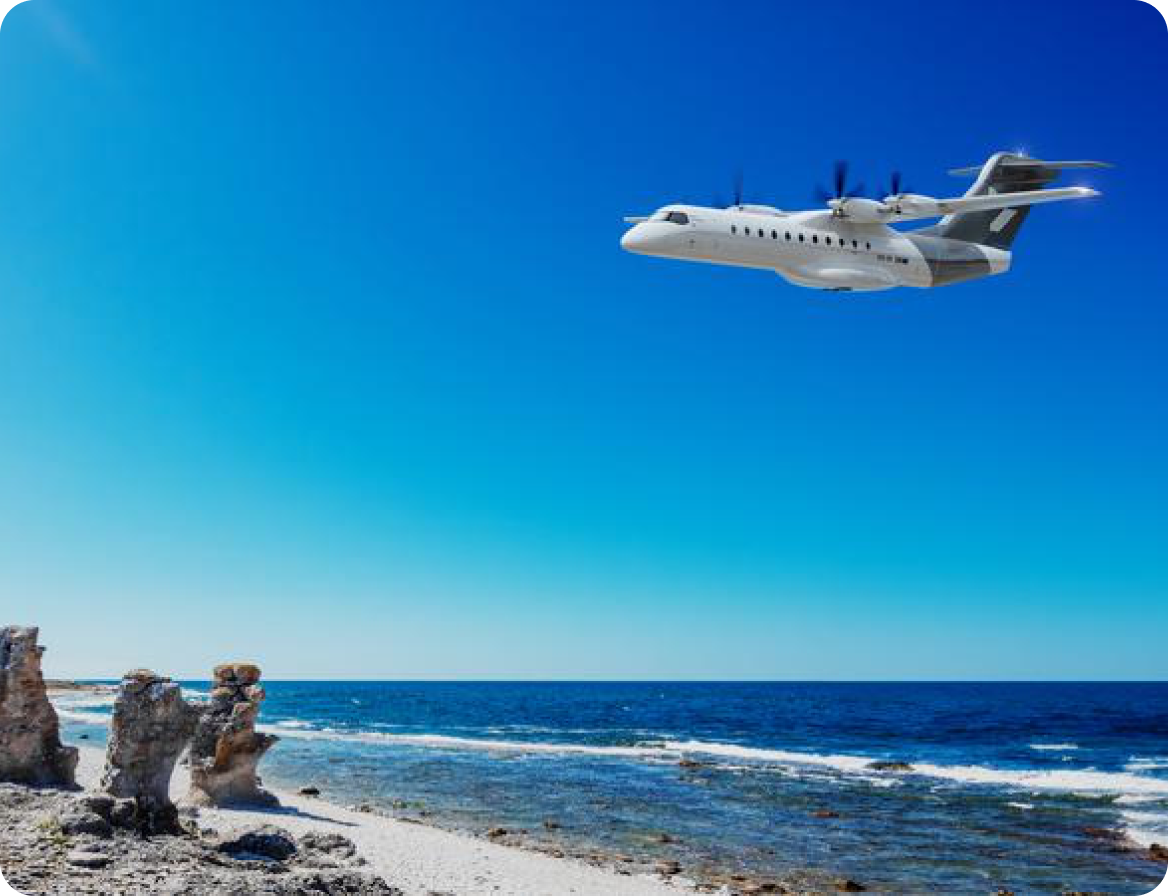 Elektriskt flygplan flyger över Gotlands kustlinje - visualisering av framtidens hållbara flygtransport som Berrycloud hjälpt till att konceptutveckla